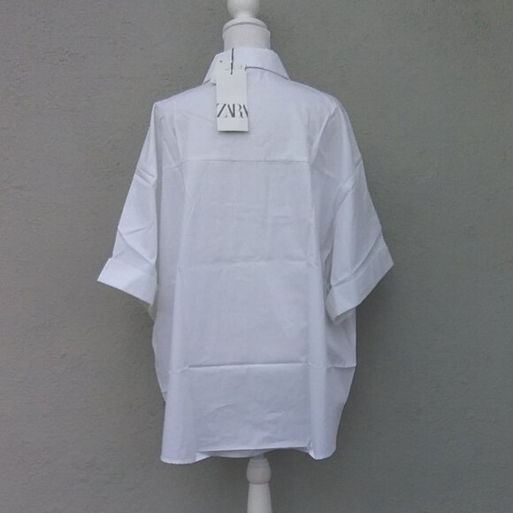 Zara Women's Top Lagenlook White Short Sleeve Cotton Med NEW 2 front pockets - Picture 7 of 7